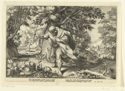 Tiresias megüt két párosodó kígyót Ovidius metamorfózisai (sorozat címe) alkotó: Hendrick Goltzius (workshop of)