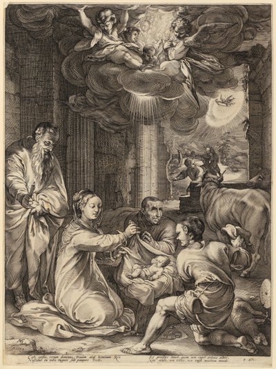 A pásztorok imádása, a „Szűz Mária élete” sorozat 2. lapja alkotó: Hendrick Goltzius