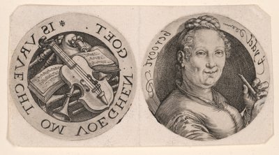 Fuvolát tartó nő mellképe és hangszerek, egy lapon alkotó: Hendrick Goltzius
