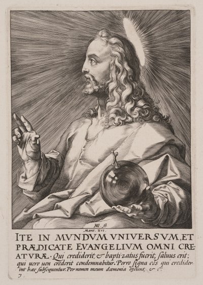 Krisztus (mint Salvator Mundi), Krisztustól, az apostoloktól és Szent Páltól a Hitvallással együtt. alkotó: Hendrick Goltzius