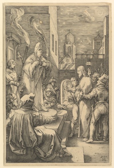 Krisztus Kajafás előtt, „Krisztus szenvedése” című műből alkotó: Hendrick Goltzius