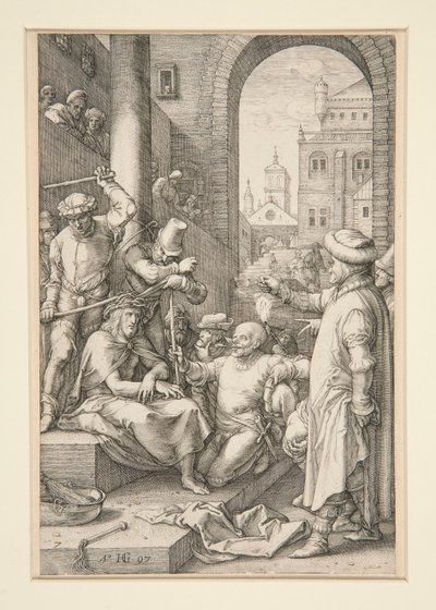 A tövisekkel megkoronázott Krisztus, a Passióból, 7. 12 metszetből álló sorozatban alkotó: Hendrick Goltzius