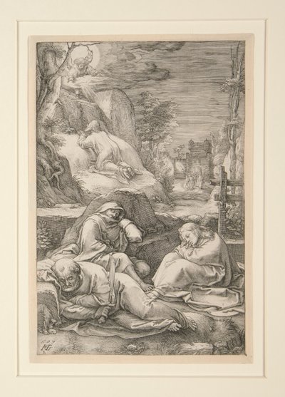 Krisztus az Olajfák hegyén (Az agónia a kertben), a Passióból, 2. egy 12 metszetből álló sorozatban alkotó: Hendrick Goltzius