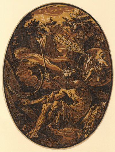 Demogorgon az örökkévalóság barlangjában, a „Demogorgon és az isteni lények” sorozat 1. lapja alkotó: Hendrick Goltzius
