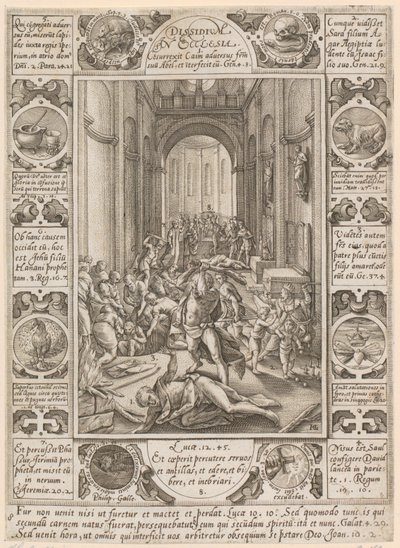 Dissidium in Ecclesia, a „A keresztény hit allegóriái” című sorozat 8. lapja alkotó: Hendrick Goltzius