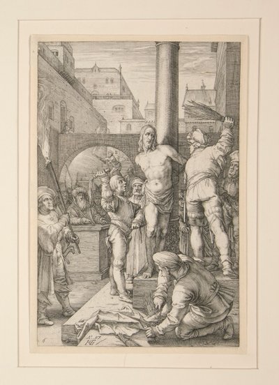 Krisztus megkorbácsolása, a Passióból, 6. 12 metszetből álló sorozatban alkotó: Hendrick Goltzius