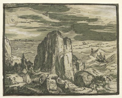 Négy kis táj: 4. sz., Szikla a tengerparton alkotó: Hendrick Goltzius