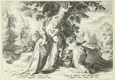 Kekrop lányai kinyitják a Minerva által rájuk bízott kosarat alkotó: Hendrick Goltzius