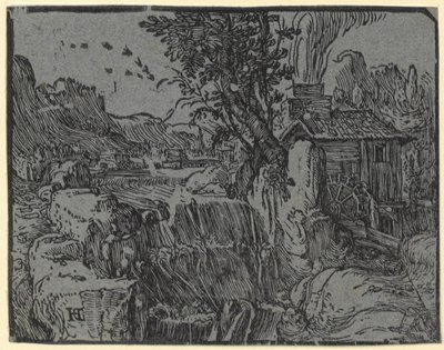 Táj vízeséssel és malommal, a "Négy kis táj" sorozat 1. lapja alkotó: Hendrick Goltzius
