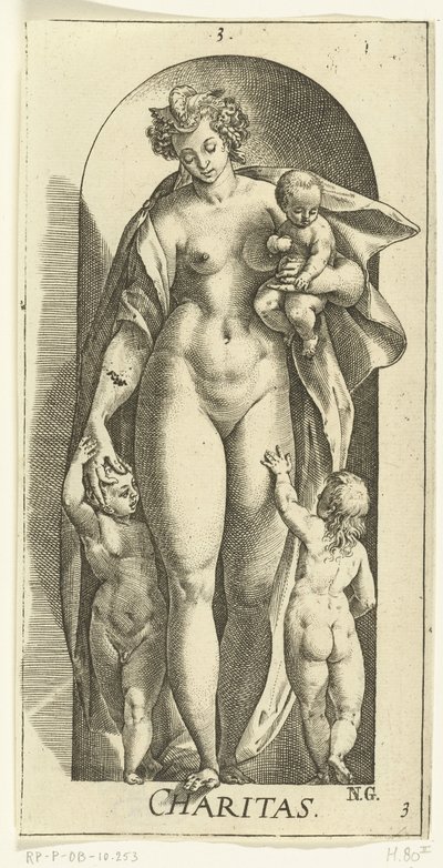 Szeretet Jótékonyság (cím a tárgyon) A hét erény (sorozat címe) alkotó: Hendrick Goltzius