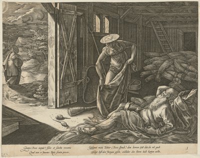 Ruth és Boáz a pajtában, a „Ruth története” című sorozat 3. lapja alkotó: Hendrick Goltzius
