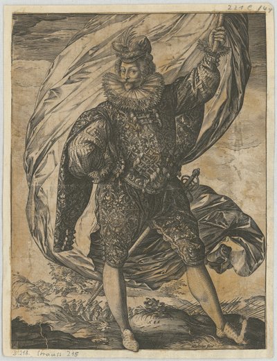 Álló zászlóvivő, fejét balra fordítva alkotó: Hendrick Goltzius