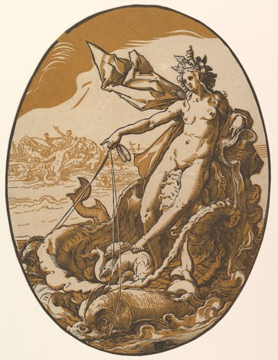 Téthüsz két tengeri lény által vontatott óriási kagylószekéren fekve, az „Istenségek” című sorozatból alkotó: Hendrick Goltzius