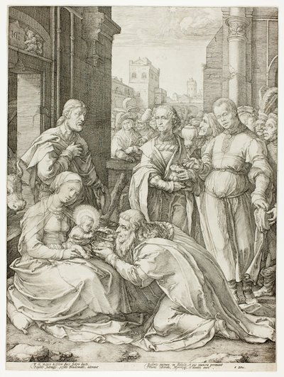 A mágusok imádása, Krisztus születése és korai élete című könyv ötödik táblája alkotó: Hendrick Goltzius