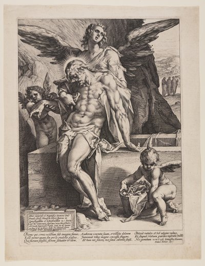 A halott Megváltó, akit egy angyal támogat alkotó: Hendrick Goltzius