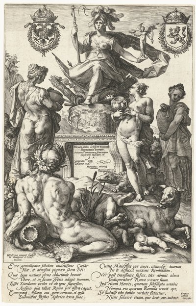 Címnyomat a The Roman Heroes nyomtatványsorozathoz Roma (cím a tárgyon) A római hősök (sorozat címe) alkotó: Hendrick Goltzius