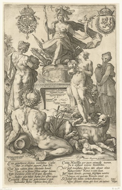 Címnyomat a The Roman Heroes nyomtatványsorozathoz Roma (cím a tárgyon) A római hősök (sorozat címe) alkotó: Hendrick Goltzius