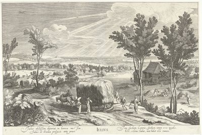Július, gazdákkal egy tájban Julius (cím a tárgyon) A tizenkét hónap (sorozat címe) alkotó: Hendrick Hondius (I)