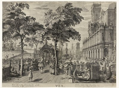 ugrás Tavasz, társaság a kastélyban Ver (cím az objektumon) A négy évszak (sorozat címe) alkotó: Hendrick Hondius (I)