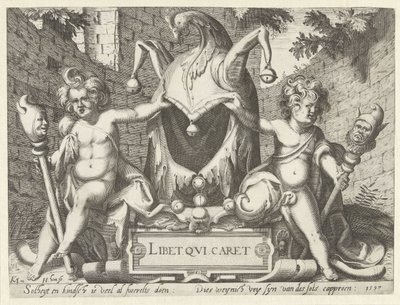 Két putti bolond csuklyával Libet qui caret (cím az objektumon) alkotó: Hendrick Hondius (I)
