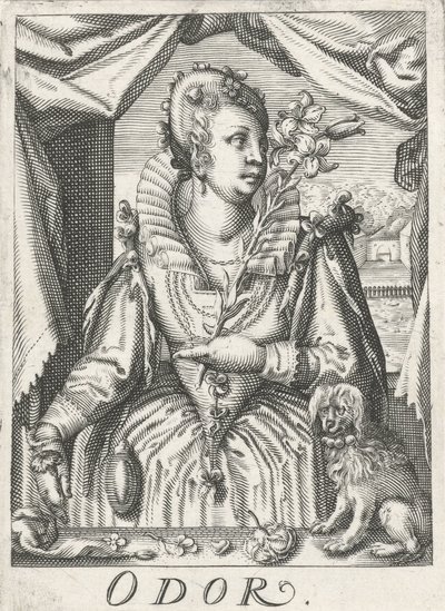 Illat (Odor), virágágú nő Szag (cím a tárgyon) Az öt érzék (sorozat címe) alkotó: Hendrick Hondius (rejected attribution)