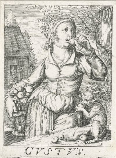 Kóstolja meg (Gustus), egy nő a gyümölcsökkel Gustus (cím a tárgyon) Az öt érzékszerv (sorozat címe) alkotó: Hendrick Hondius (rejected attribution)