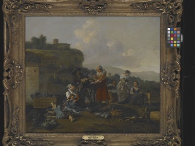 Zöldségpiac Olaszországban figurákkal (olaj, vászon) alkotó: Hendrick Mommers