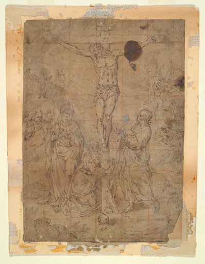 Krisztus a kereszten a Szűz és Szent János között a szenvedés jeleneteivel a háttérben alkotó: Hendrick de Clerck