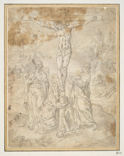 Krisztus a kereszten a Szűz és Szent János között a szenvedés jeleneteivel a háttérben alkotó: Hendrick de Clerck