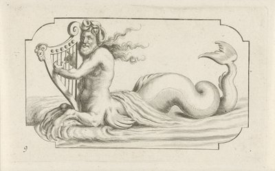 Triton hárfán játszik Tengeri istenek és istennők Nouveau Livre des Dieux et Deeßes De la Marine Bouckje (sorozat címe) alkotó: Hendrick de Keyser (I)