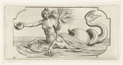 Női alak a Neptunusz háromágával Tengeri istenek és istennők Nouveau Livre des Dieux et Deeßes De la Marine Bouckje (sorozat címe) alkotó: Hendrick de Keyser (I)