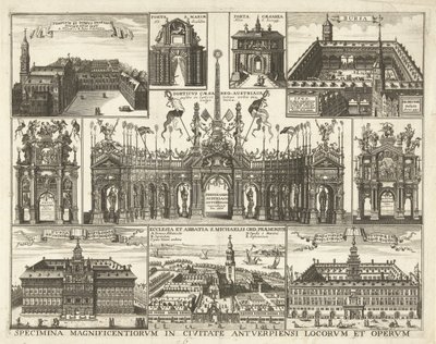 Blad met tien voorstellingen van de intocht van de Kardinaal Infant Ferdinand te Antwerpen, 1635 Specimina magnificentiorum in civitate Antverpiensi locorum et operum (title on object)   1357357   hu       hungarian Successfully Translated  Original: Cardi alkotó: Hendrik Causé