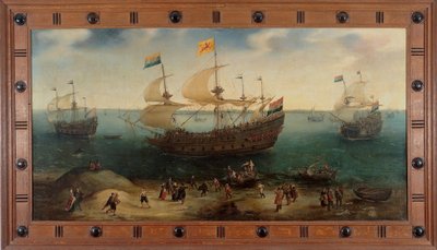 Az amszterdami négyárbocos De Hollandsche Tuyn hajó és más hajók visszatérnek Brazíliából Paulus van Heerden parancsnoksága alatt alkotó: Hendrick Cornelisz. Vroom