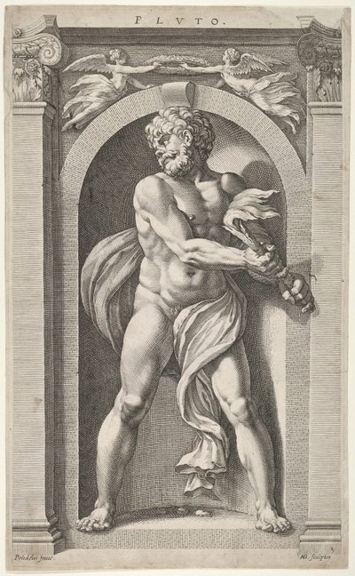 Plútó, egy alak, négy fej és egy oszlop verso vázlatain, 1592. alkotó: Hendrik Goltzius