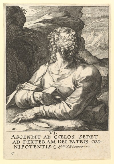 Szent Bertalan, Krisztustól, az apostoloktól és Szent Páltól a hitvallással, kb. 1589. alkotó: Hendrik Goltzius