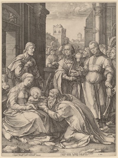 A mágusok imádása alkotó: Hendrik Goltzius in the style of Lucas van Leyden