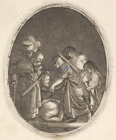 Salome átveszi Keresztelő János fejét, körülvéve három férfival és egy gyerek babával..., kb. 1610. alkotó: Hendrik Goudt