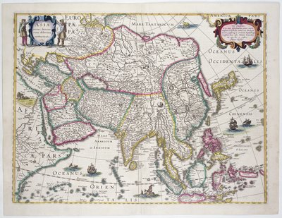 Általános térkép, amely tartalmazza Arábiát, Japánt, a Koreai-félszigetet és az indonéz szigetcsoport nagy részét, 1631 (színes metszet) alkotó: Hendrik I Hondius