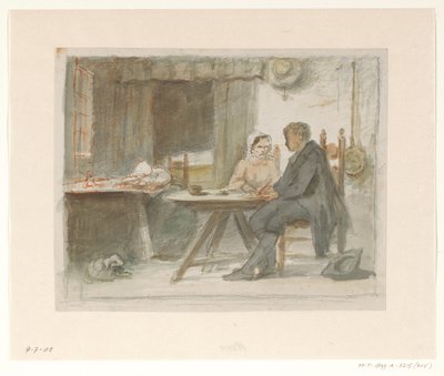 Író férfi és egy nő egy asztalnál alkotó: Hendrik Valkenburg