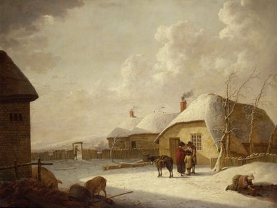 Figurák egy kunyhón kívül a hóban alkotó: Hendrik Willem Schweickardt