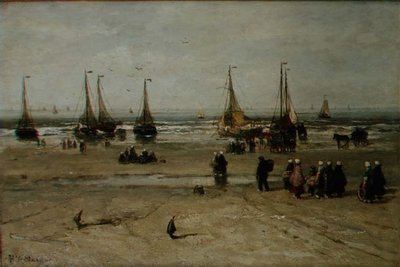 Tengerparti táj halászhajókkal és halászokkal alkotó: Hendrik William Mesdag