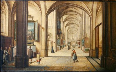 Templombelső sekrestyésszel, amely egy festményt mutat a látogatóknak, 1608 (olaj, kártya) alkotó: Hendrik the Younger Steenwyck