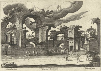 Diocletianus fürdőjének romjai oldalról, két krokettező férfival az előtérben, 1585. alkotó: Hendrik van Cleve III