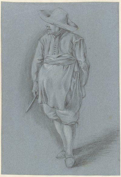 Férfi 17. századi ruhában, sapkával, köténnyel és késsel alkotó: Hendrik van Velthoven (attributed to)