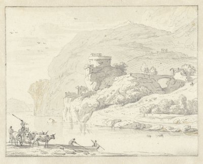 Olasz hegyi táj pásztorokkal és szarvasmarhákkal, valamint két figurával a folyón átkelő csónakban alkotó: Hendrik van der Straaten (attributed to)