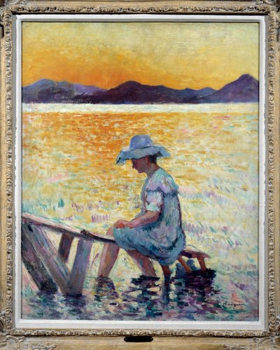 Saint Tropez, naplemente Egy nő ül a lábával a vízben a parton alkotó: Henri Charles Manguin