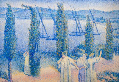 Tengerparti kilátás ciprusfákkal alkotó: Henri-Edmond Cross