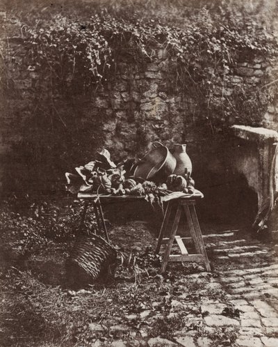 Csendélet: fazék, kancsó és zöldségek fűrészbakos asztalon, 1852 körül (fotó) alkotó: Henri Victor Regnault