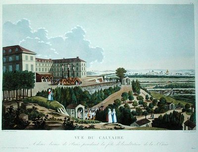 Körmenet a Párizs melletti Mont Valerienben, a missziók által felállított kálvária előtt, Queverdo metszete. alkotó: Henri (after) Courvoisier-Voisin