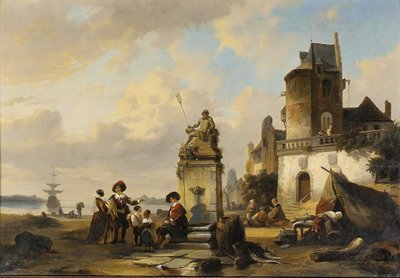 Elegáns alakok ülnek egy szökőkútnál, a kikötő odakint alkotó: Henri Adolphe Schaep